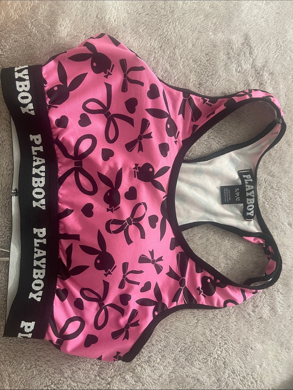PLAYBOY Pink & Black Bunny Print Racerback Sports Bra
